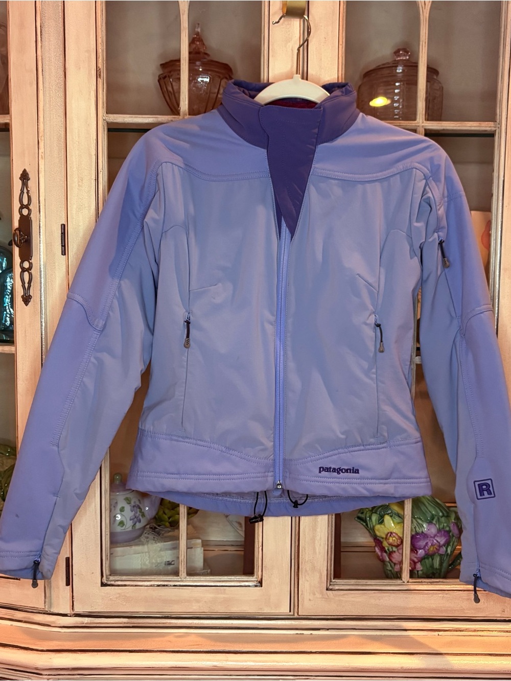 Patagonia Women's Lavender Softshell Ski Jacket with zippered pockets